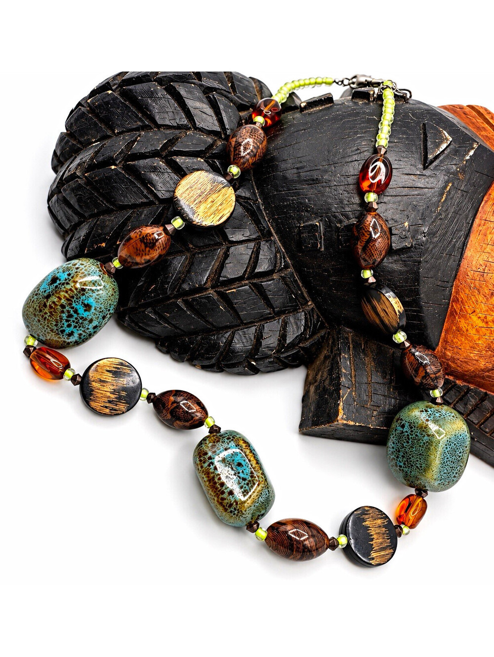 Boho Green Brown Glass & Wood Beaded Necklace 20โ Premier Designs